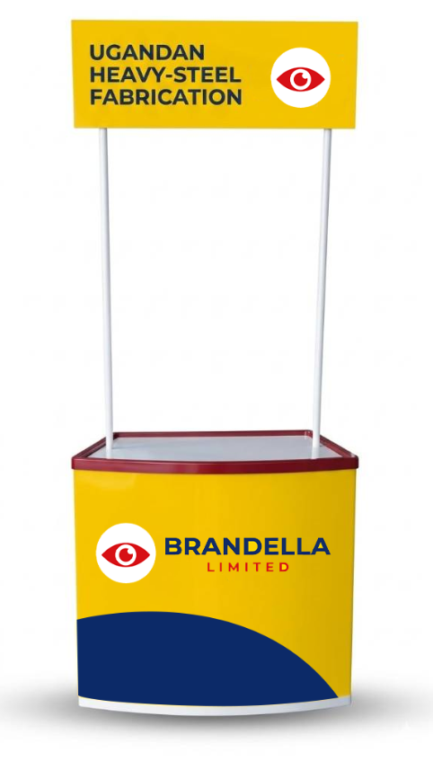 Official Brandella curved exhibition counter mockup with yellow and navy brand wrap, steel support columns and overhead sign