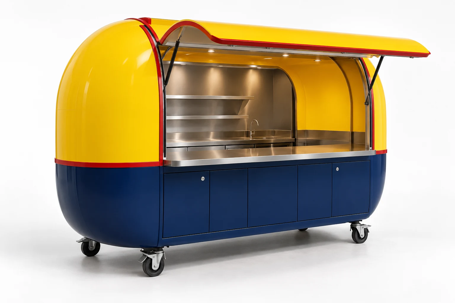 Illustrative Brandella commercial mobile pods concept in yellow, navy and crimson